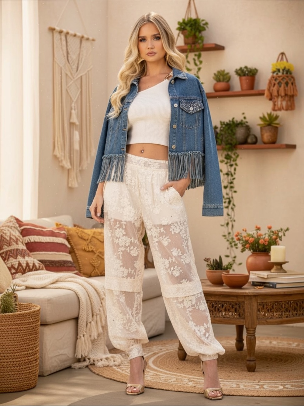 176 • Boho Cream Lace Harem Jogger Pants With Embroidery